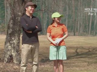 Golf whore gets teased and creamed by two striplings